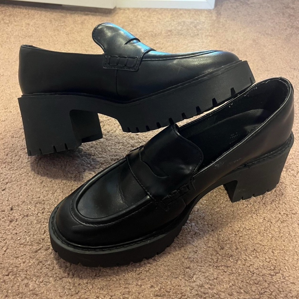 Black Chunky Heel Loafers Dress Shoes